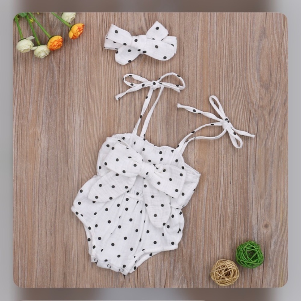 White‎ & Black polka dot Romper & headband set child size 12-18 months